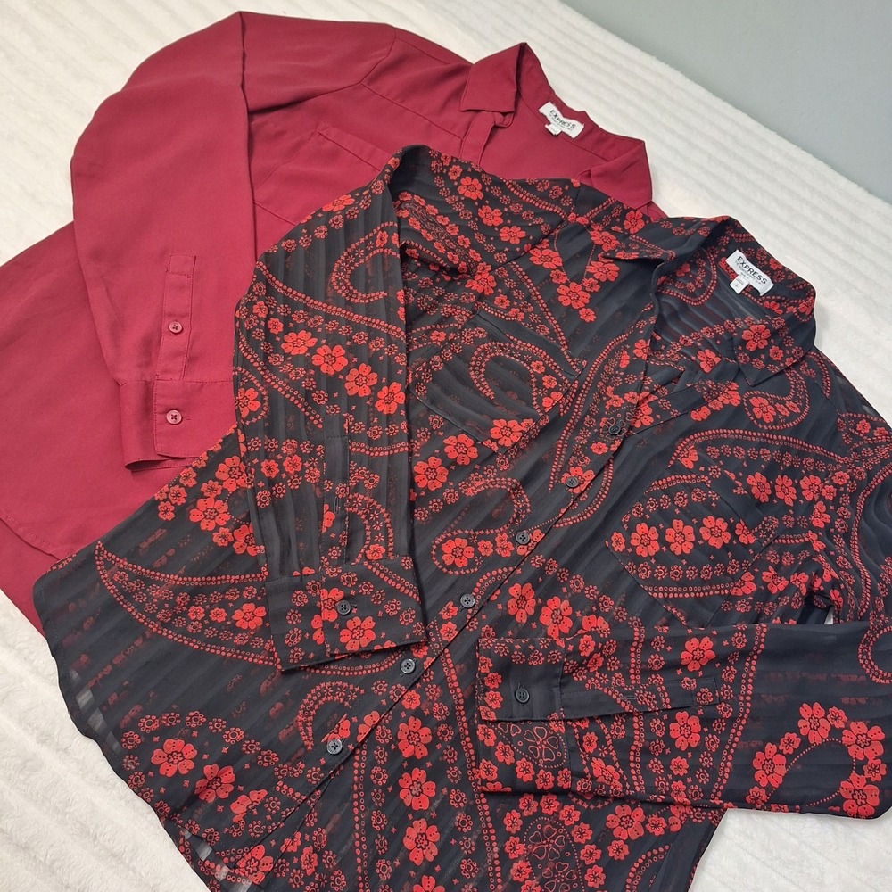 2 Pc Express The Portofino Shirt Blouse Womans S Black Red Button Up Career